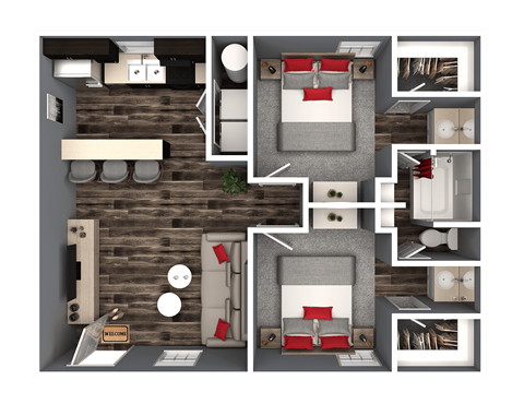 Floor plan for 2 beds, 1 bath, 775 sqft